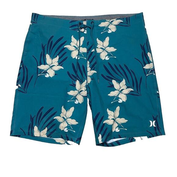 Hurley Board Shorts Mens Size 34 Teal Floral Beach Pool Surf Swim Trunks 9.5” - Picture 1 of 4